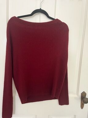 Astr Off-the-Shoulder Ribbed Wine Red Sweater